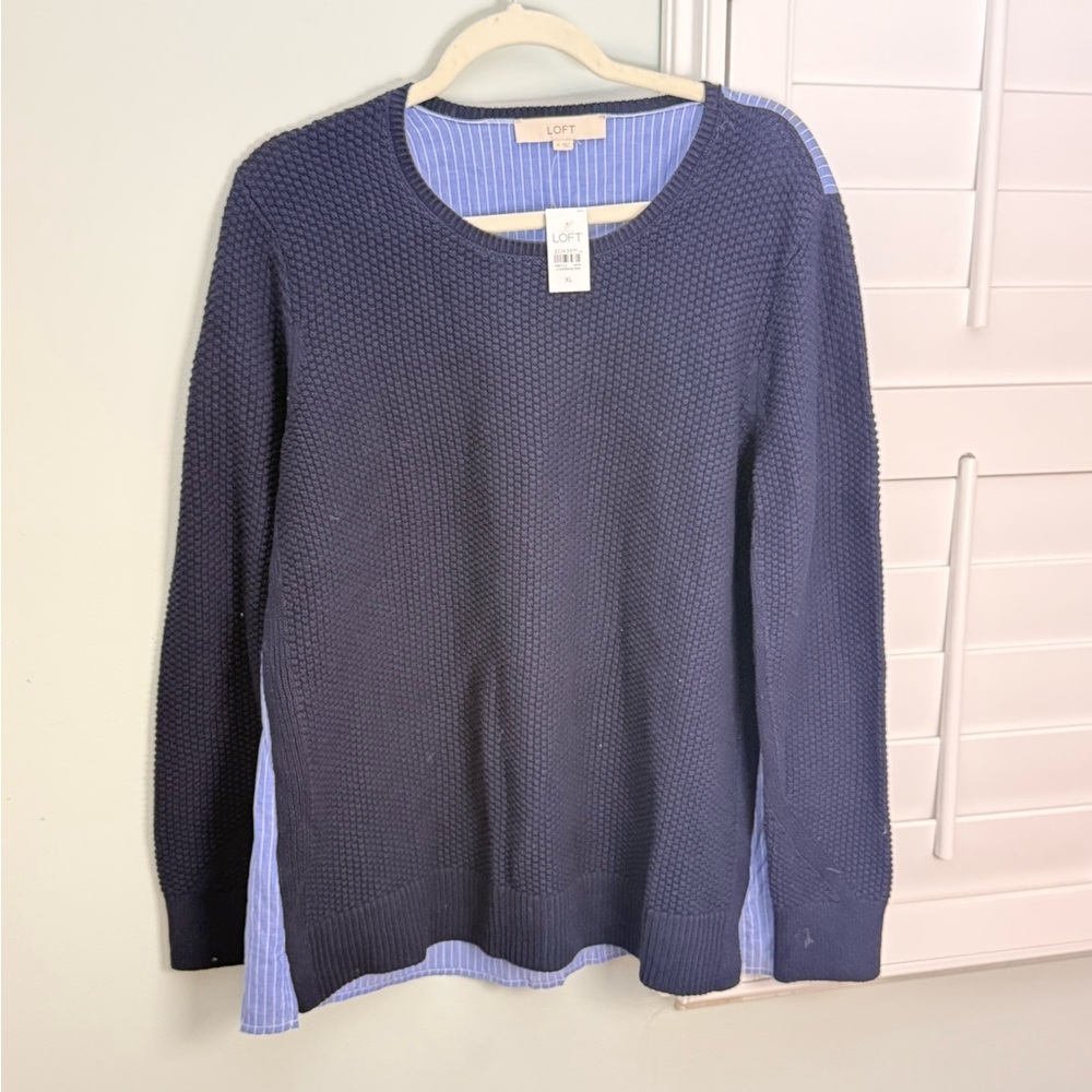 LOFT Mixed Media Sweater Blouse Blue Stripe NWT XL